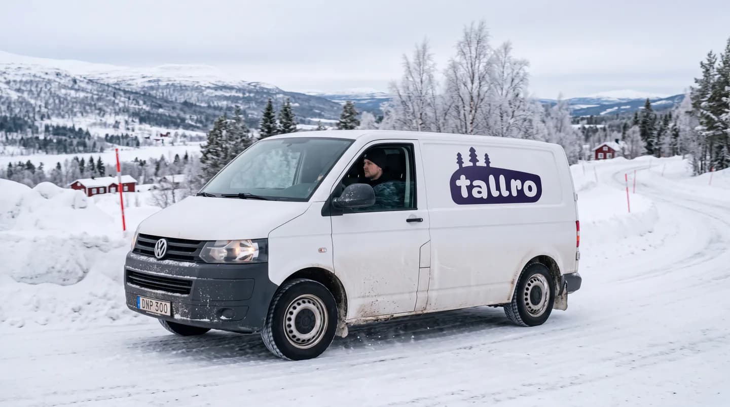 Illustration: en vit skåpbil med Tallros logotyp kör uppför en snöig fjällväg.