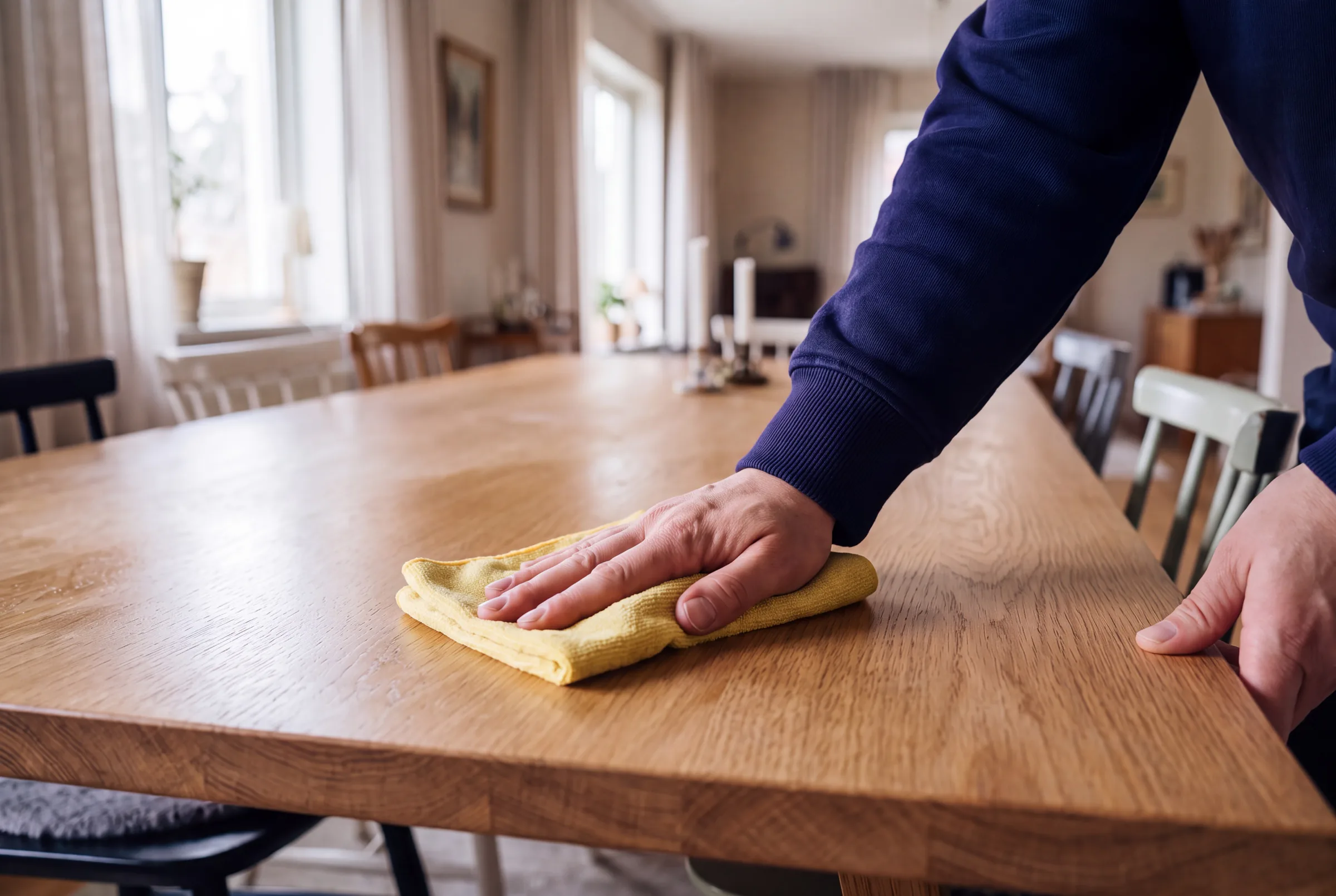 Illustration: en hand torkar av ett ekbord med en gul duk.