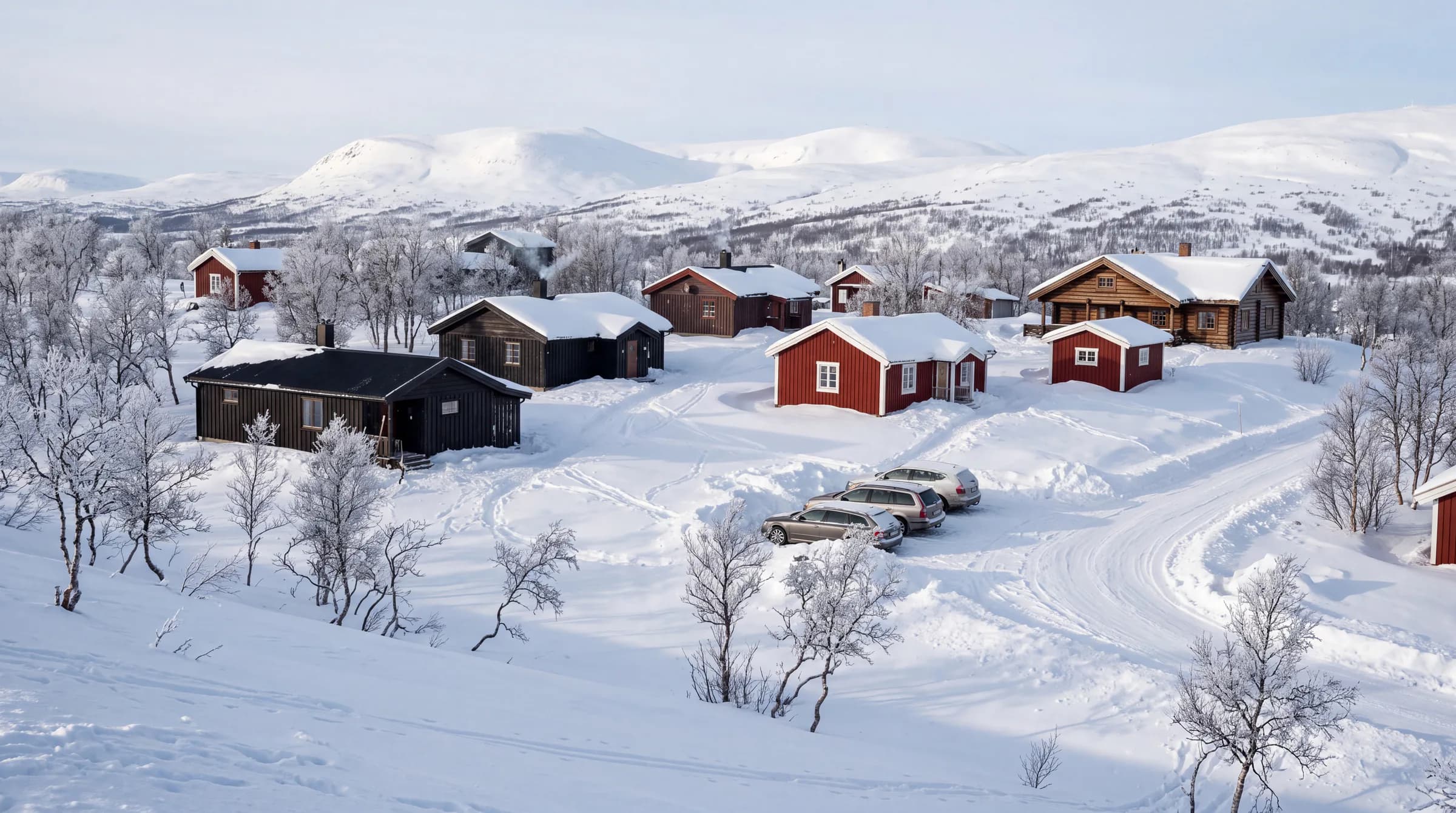 Illustration: en stugby med röda och svarta stugor i snön på fjället.