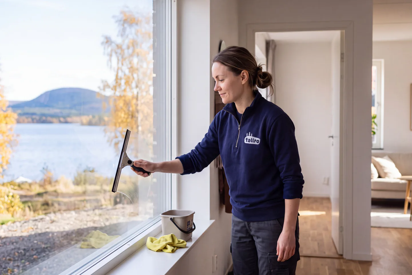 Illustration: en städare i marinblå arbetströja drar en fönsterskrapa över ett fönster med utsikt över en sjö och ett fjäll.