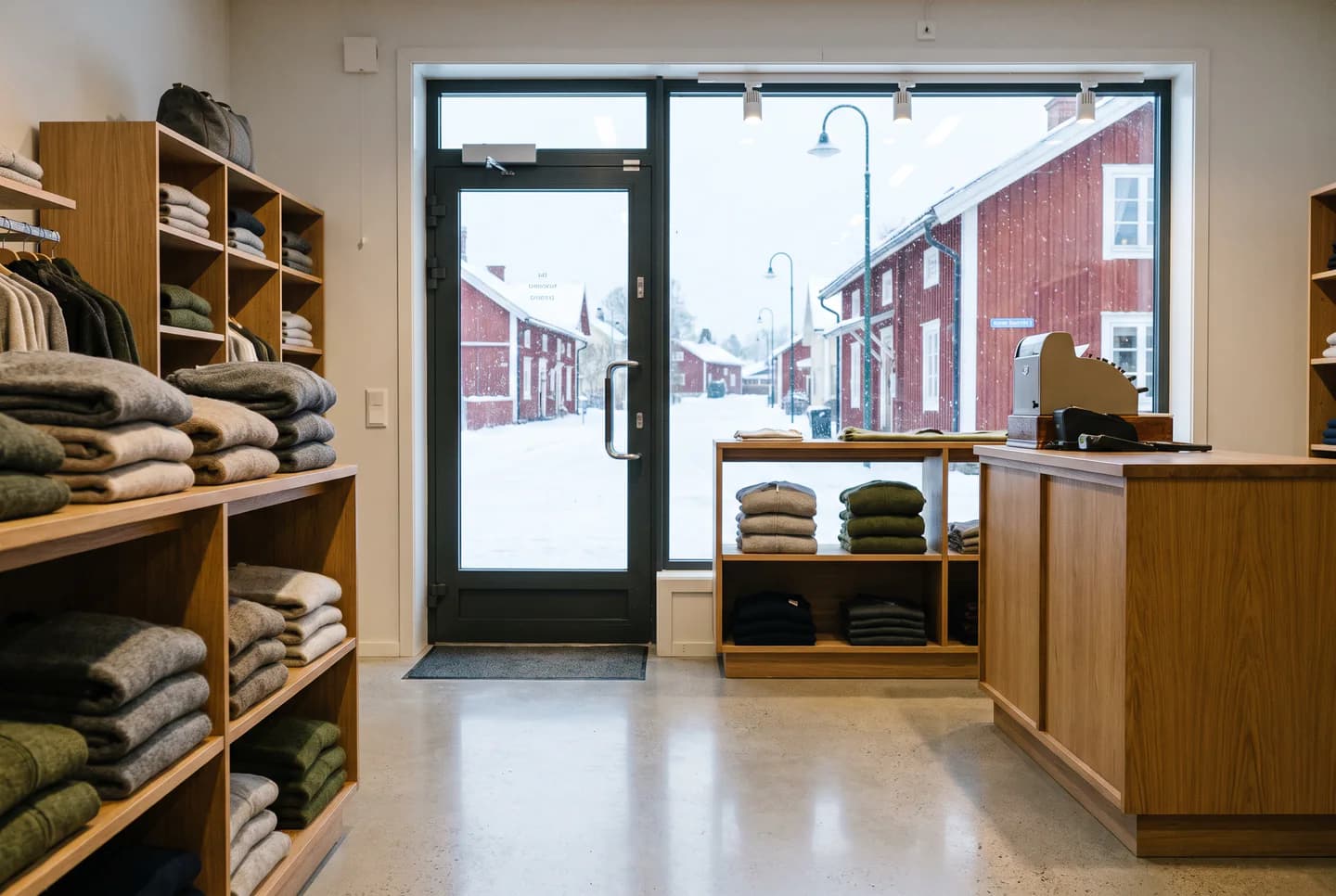 Illustration: en liten klädbutik före öppning, med blankt golv, vikta tröjor på hyllor och en ren glasdörr.